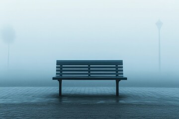 A solitary bench sits in a thick fog, surrounded by indistinct shapes of trees and streetlights.