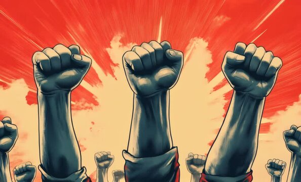 People raising fists in a powerful display of unity, revolution, and defiance against oppression