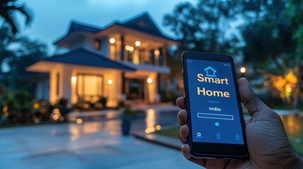 A person holds a smartphone displaying a "Smart Home" interface, with a modern house illuminated in the background, showcasing home automation technology.