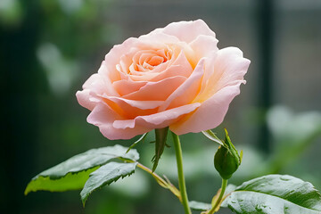 Peach Rose in Garden Close-up of a delicate, blooming rose in a lush garden setting; ideal for floral designs, greeting cards, or websites