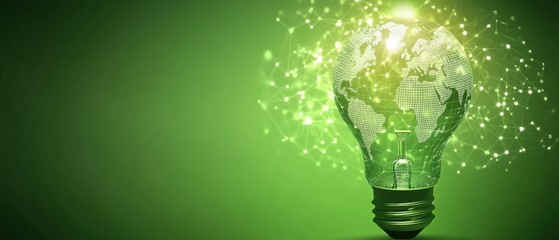 Glowing light bulb with world map and network connections on green background Concept of green energy, sustainability, and global technology