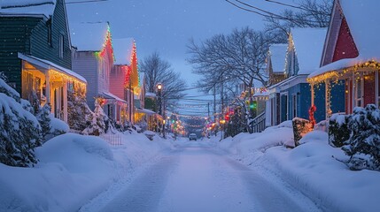Naklejka premium A serene winter evening scene with snow-covered streets and festive lights adorning houses