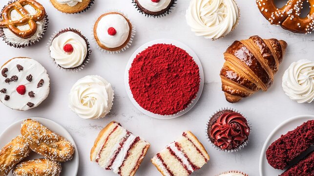 Cozy food photography bright display of delicious bakery treats with pretzels and cupcakes