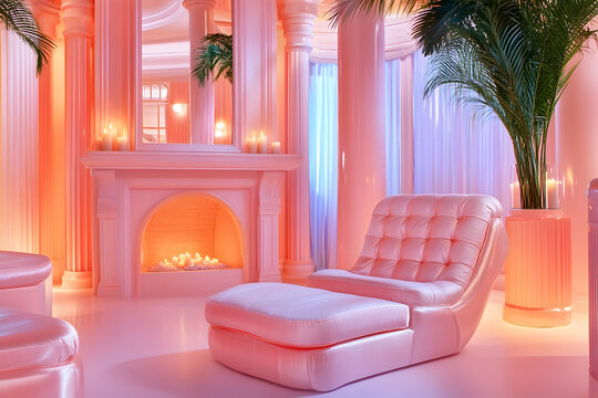 Pink Palace Relaxation Plush lounge chair in a serene, columned room, ideal for calming spa imagery