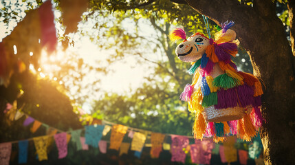 Traditional hanging pi&ntilde;ata in a sunny outdoor fiesta