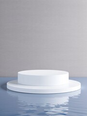 Minimalist White Platform Display on Calm Water with Grey Background