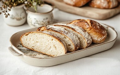 Sliced artisan sourdough bread on a ceramic dish.