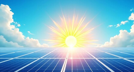 solar panels close up with bright sun in the sky  