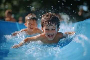 Children Enjoying a Fun Day Sliding Down Into a Pool on a Sunny Afternoon