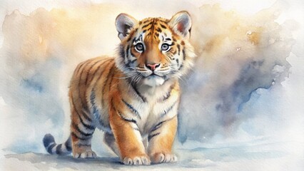 Obraz premium Playful Tiger Cub in Watercolor Style Art