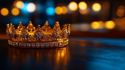 Golden Crown on Dark Table with Bokeh Lights