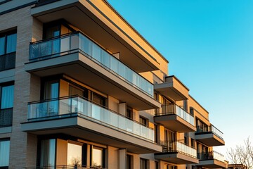 Obraz premium an apartment building with modern architecture, featuring balconies and large windows The exterior is a light brown color, and the sky above has a clear blue hue Generative AI