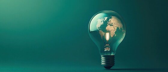 Conceptual lightbulb with world map filament glowing on green background Symbol of global energy, innovation, and sustainable solutions for environmental conservation