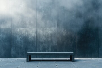 A minimalist concrete bench sits against a textured, dark blue wall, creating a serene and modern scene.