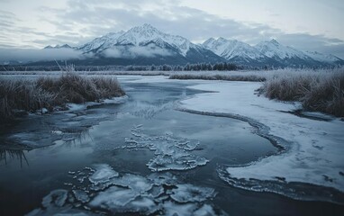 Frozen river reflecting snow-capped mountains under a cloudy sky.