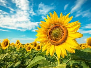 Obraz premium Vibrant Sunflower Field Under a Bright Blue Sky, Perfect for Summer Designs and Text Overlay web calm