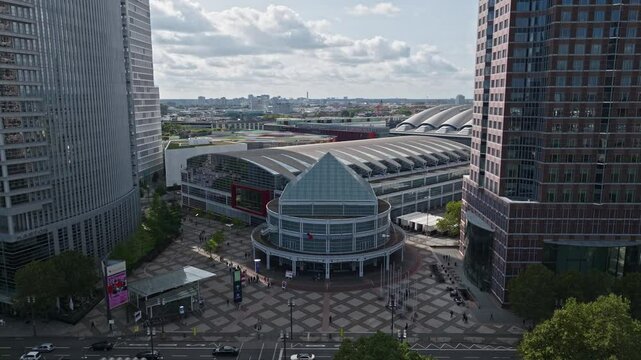 Aerial Drone View of Messe Frankfurt Exhibition Center in Frankfurt, Germany &ndash; Expansive Trade Fair Complex with Modern Architecture .