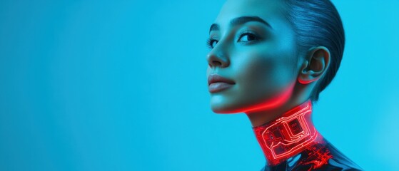Young adult woman with futuristic glowing red circuit implants on her neck against blue background Concept of cybernetics, technology, and artificial intelligence