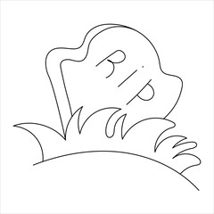 Doodle illustration of a tombstone with the inscription RIP. Simple black and white hand-drawn outline sketch, isolated on a white background. Kids' coloring page, Halloween project, funny scary stori