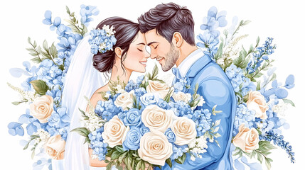 Romantic wedding couple portrait, embracing amidst blue floral bouquet, white background; ideal for invitations