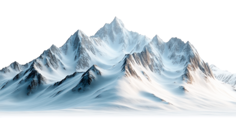 Snowy mountain range with sharp peaks and white slopes, isolated on a transparent background. Winter mountains, alpine peaks, snowy landscape, mountain range, isolated for design and projects.