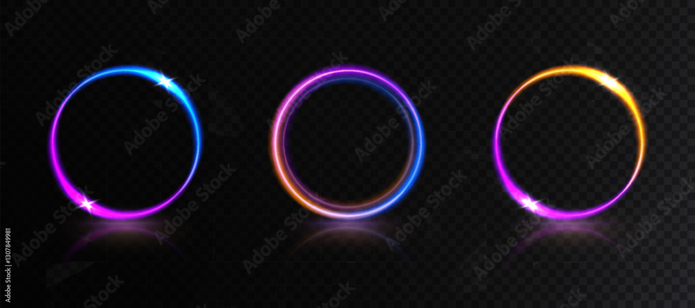 Poster Set of bright round ring frames with colorful gradient transitions with space for text or object in the center, bright light frame object for illustrations or game interfaces. Vector
