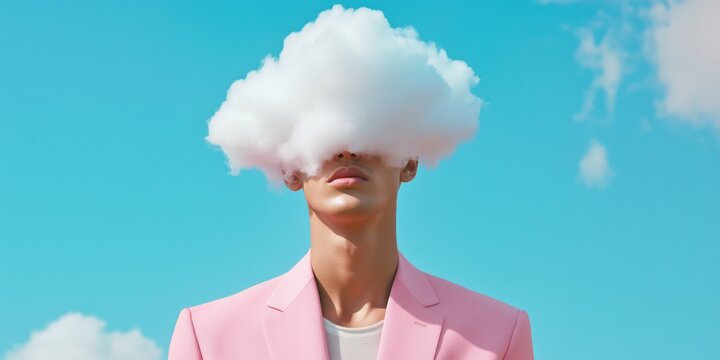 Surreal portrait of a man in a pink suit beneath a whimsical cloud against a serene blue sky