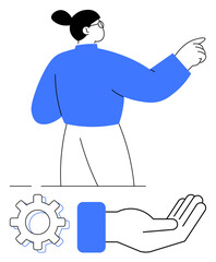Woman pointing confidently, symbolizing direction or leadership. Below, a hand and gear represent teamwork, innovation, and support. Ideal for leadership, teamwork, decision-making innovation