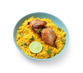 Bowl of traditional chicken biryani isolated on white background