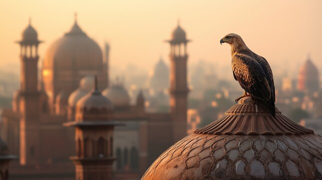 Ein stolzer Adler thront auf einem Dach. Majestaetische Fluegel symbolisieren Freiheit und Ueberlegenheit.