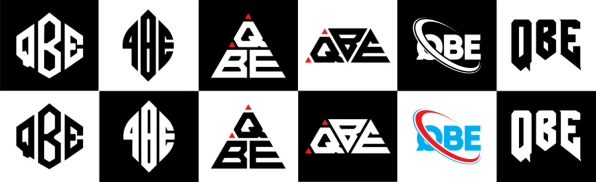 QBE letter logo design in six style. QBE polygon, circle, triangle, hexagon, flat and simple style with black and white color variation letter logo set in one artboard. QBE minimalist and classic logo