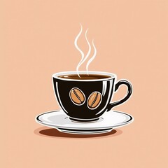 Steaming Coffee Cup: Black cup with bean design, on a white saucer