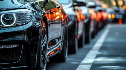 Obraz premium City Traffic, A Gleaming Black Car Leads a Line of Vehicles