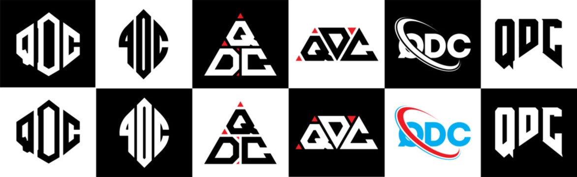 QDC letter logo design in six style. QDC polygon, circle, triangle, hexagon, flat and simple style with black and white color variation letter logo set in one artboard. QDC minimalist and classic logo