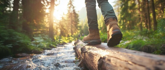 Hiker balances on a fallen log while crossing a rushing stream in a vibrant forest under warm sunlight