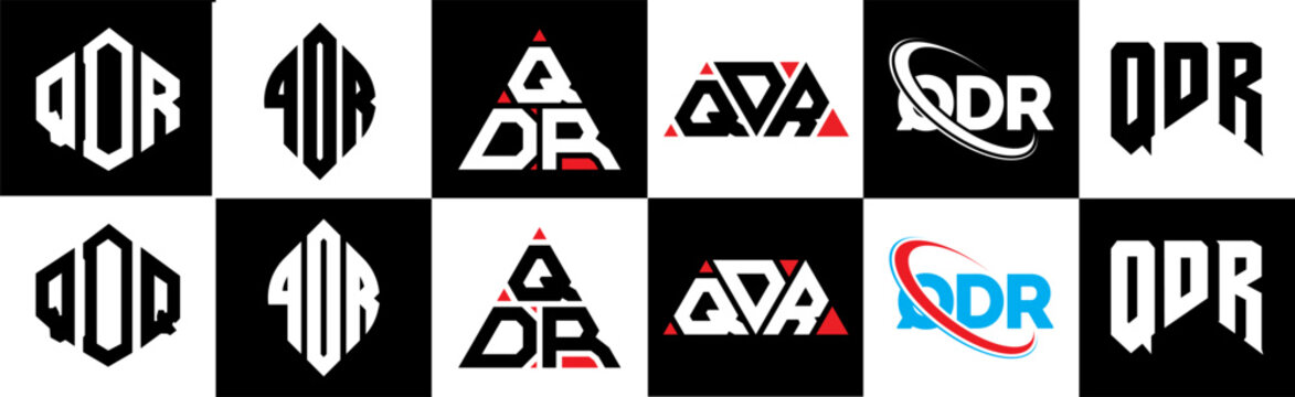 QDR letter logo design in six style. QDR polygon, circle, triangle, hexagon, flat and simple style with black and white color variation letter logo set in one artboard. QDR minimalist and classic logo