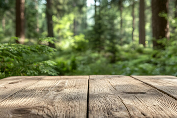 Rustic wooden table in sun-dappled forest; ideal for product displays or nature-themed designs
