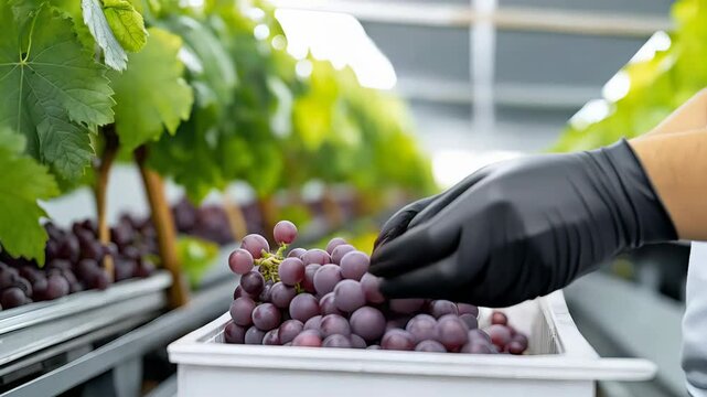 Gloved hands harvesting fresh red grapes for winemaking destined for an international wine festival