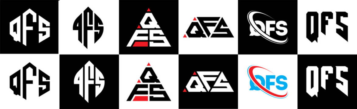 QFS letter logo design in six style. QFS polygon, circle, triangle, hexagon, flat and simple style with black and white color variation letter logo set in one artboard. QFS minimalist and classic logo