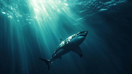 Fototapeta premium Majestic Great White Shark: Ocean Depth, Serene Light Rays