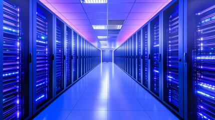 Fototapeta premium A high-tech data center stretching into the distance, filled with sophisticated server racks that emit a soft blue glow. The facility is cooled by state-of-the-art ventilation syst