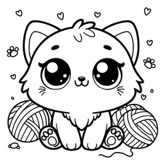 Coloring Page with cute cartoon baby animal, vector cat, kitten. Coloring book for kids, children. Easy simple line drawing, black white vector illustration for toddler, ball of wool, preschool child