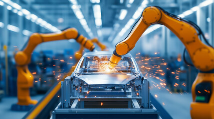 A high-tech automotive factory with robotic arms assembling electric car bodies on an advanced production line. The fully automated manufacturing process is streamlined with precis