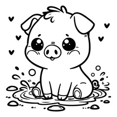 Coloring Page with cute cartoon baby animal, vector piglet, pig in a puddle, Coloring book for kids, children. Easy simple line drawing, black white vector illustration for toddler, preschool children