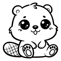 Coloring Page with cute cartoon baby animal, beaver, Coloring book for kids, children. Easy simple line drawing, black white vector illustration for toddler, preschool children, printable worksheet