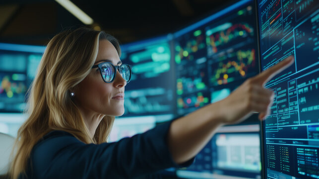 A futuristic cybersecurity command center where a team of IT specialists analyzes real-time data on multiple monitors. A female engineer points at the screen, explaining critical s - Powered by Adobe