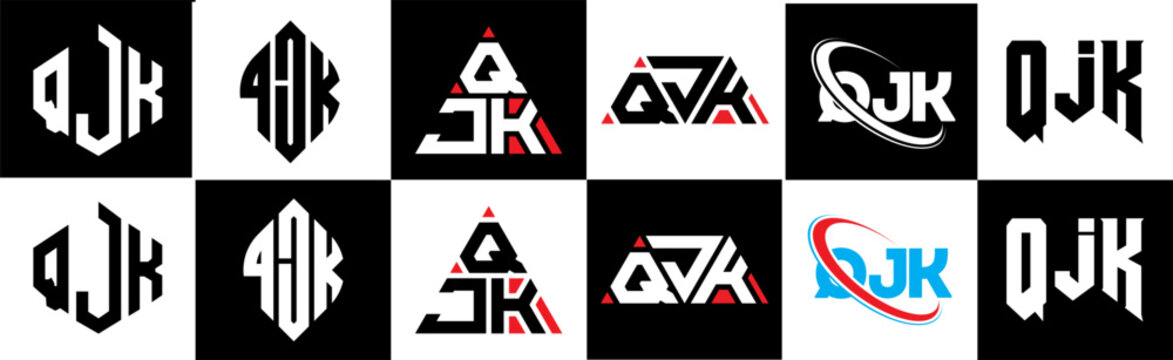 QJK letter logo design in six style. QJK polygon, circle, triangle, hexagon, flat and simple style with black and white color variation letter logo set in one artboard. QJK minimalist and classic logo