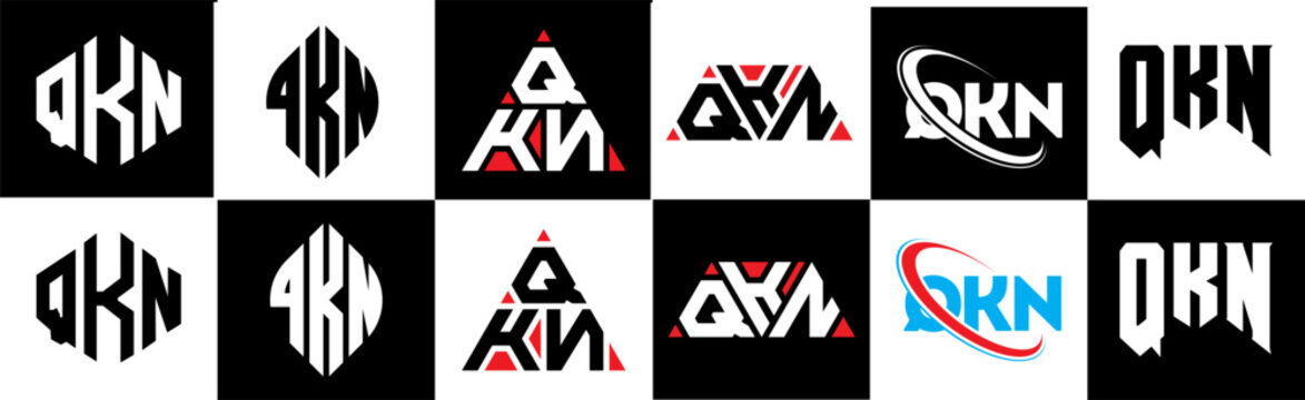 QKN letter logo design in six style. QKN polygon, circle, triangle, hexagon, flat and simple style with black and white color variation letter logo set in one artboard. QKN minimalist and classic logo