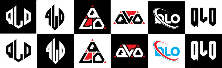 QLO letter logo design in six style. QLO polygon, circle, triangle, hexagon, flat and simple style with black and white color variation letter logo set in one artboard. QLO minimalist and classic logo