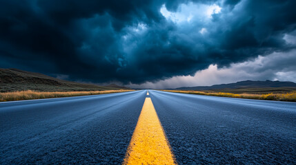 A long, empty road stretching into the distance under a dramatic stormy sky. Dark, ominous clouds swirl above, creating a moody and intense atmosphere. The yellow dividing line lea